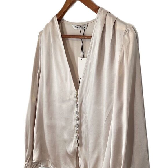 Zara Satin Effect Front Tie Knot Button Up Crop Top - Picture 5 of 9